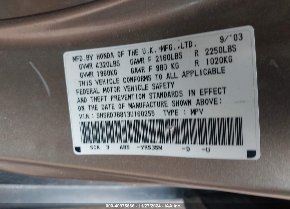2003 HONDA CR-V EX VIN: SHSRD78813U160255