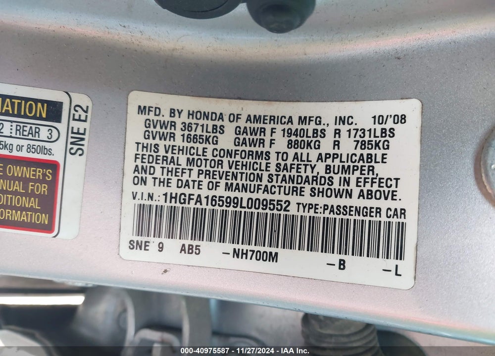 2009 HONDA CIVIC LX VIN: 1HGFA16599L009552