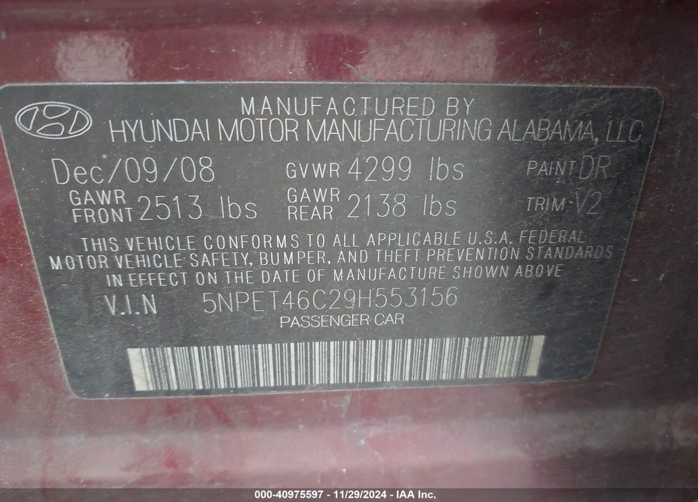 2009 HYUNDAI SONATA GLS VIN: 5NPET46C29H553156