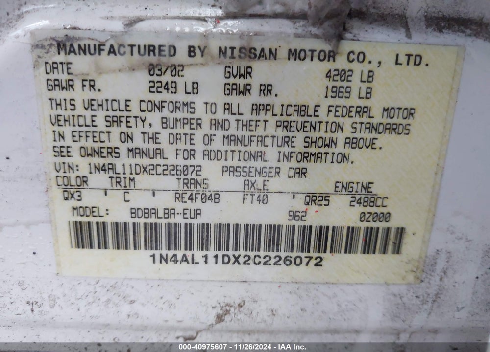 2002 NISSAN ALTIMA 2.5 S VIN: 1N4AL11DX2C226072