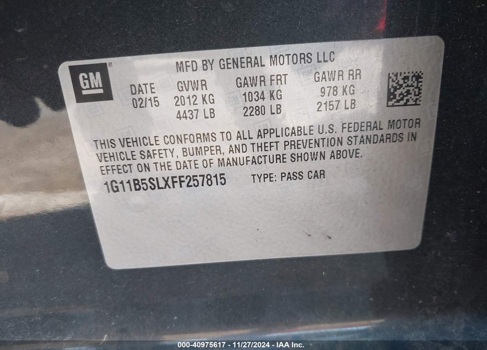 2015 CHEVROLET MALIBU LS VIN: 1G11B5SLXFF257815