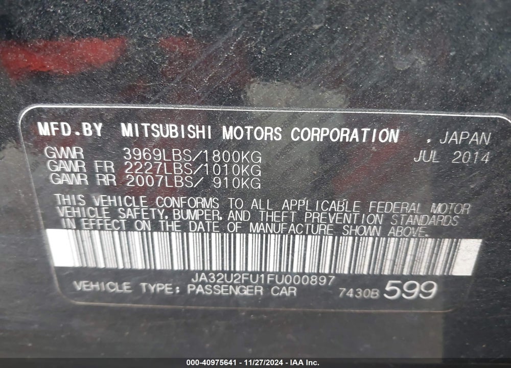 2015 MITSUBISHI LANCER ES VIN: JA32U2FU1FU000897