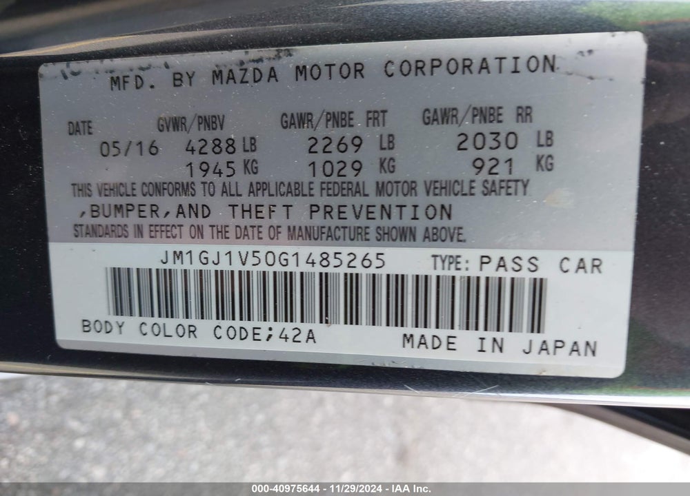 2016 MAZDA 6 I TOURING VIN: JM1GJ1V50G1485265
