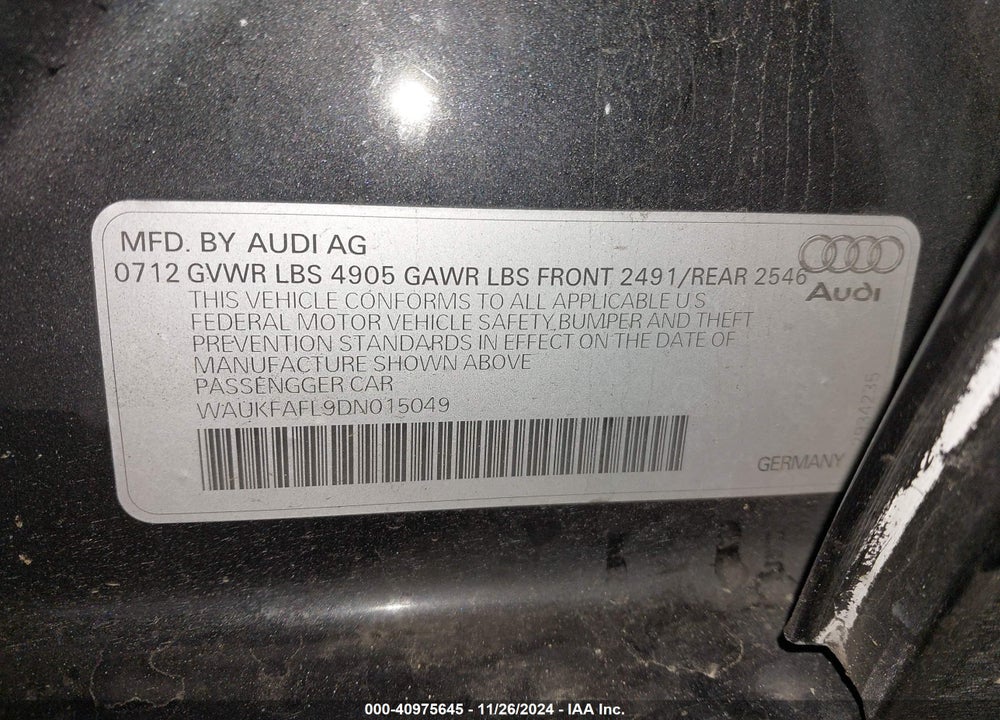 2013 AUDI A4 VIN: WAUKFAFL9DN015049
