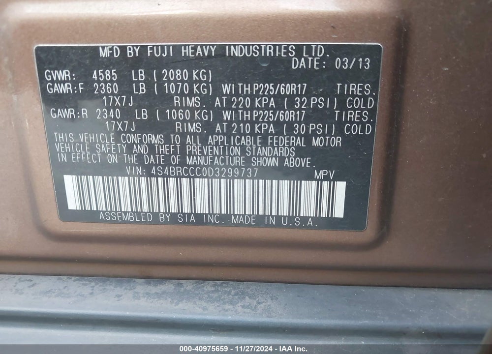 2013 SUBARU OUTBACK 2.5I PREMIUM VIN: 4S4BRCCC0D3299737