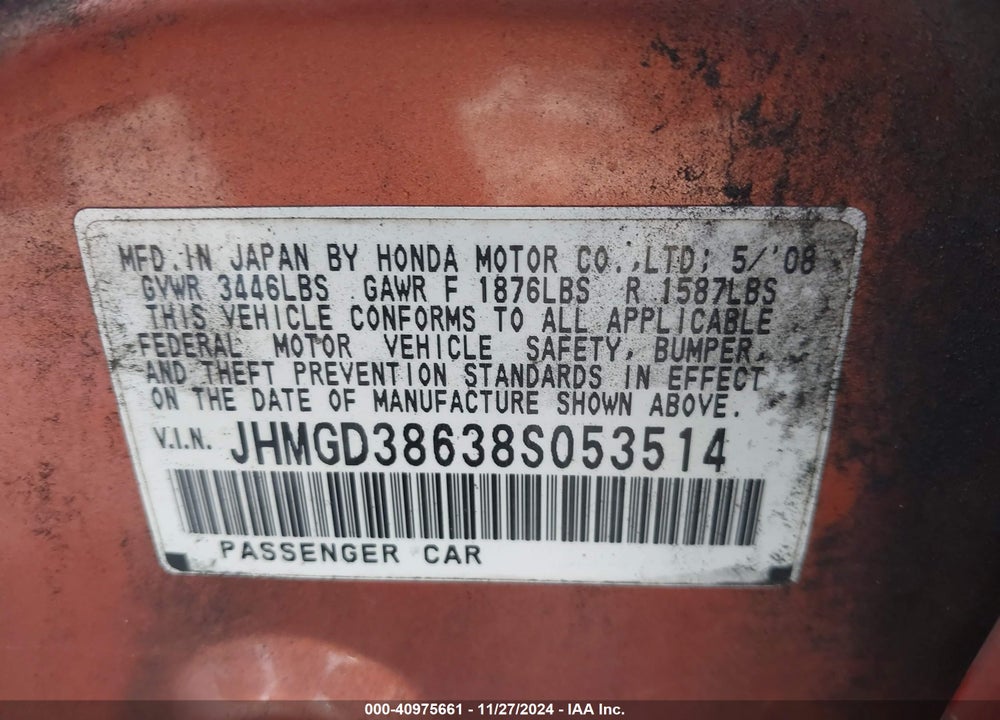 2008 HONDA FIT SPORT VIN: JHMGD38638S053514