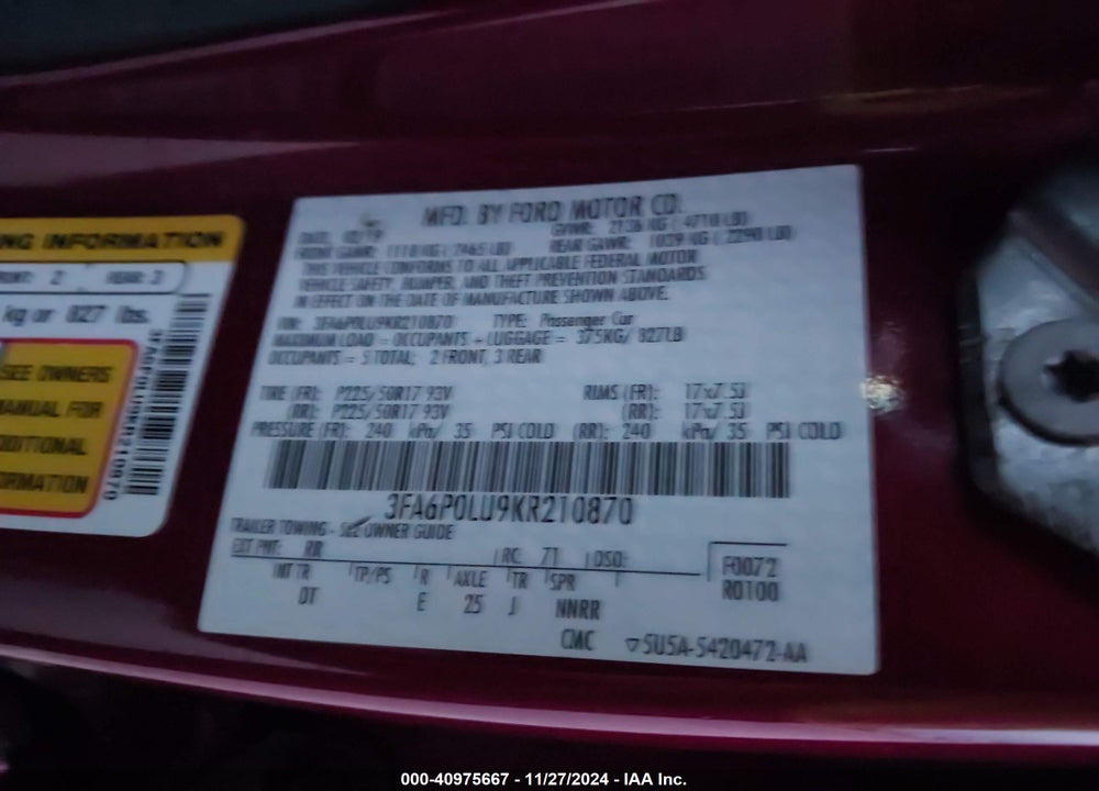 2019 FORD FUSION HYBRID VIN: 3FA6P0LU9KR210870