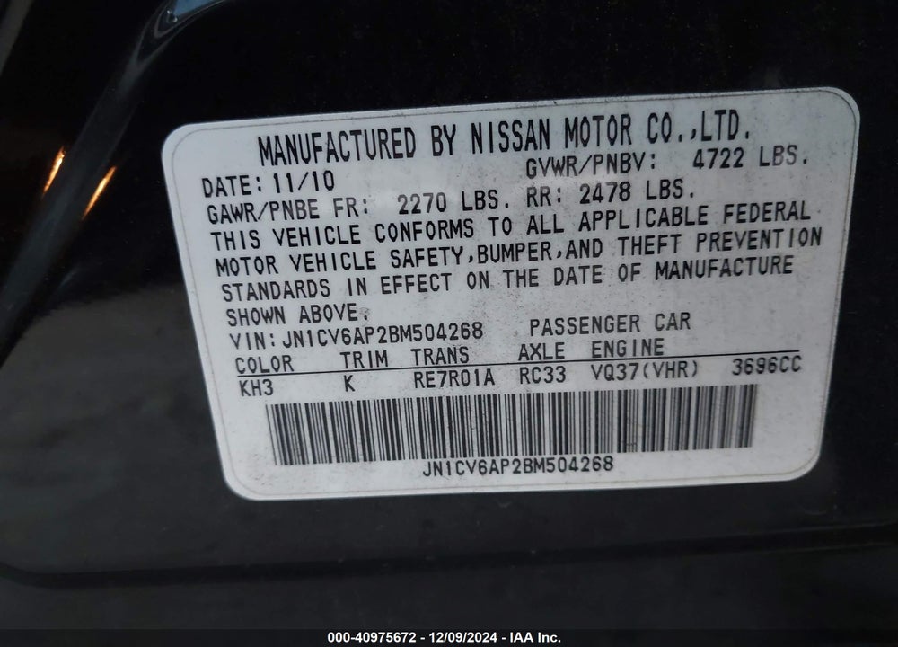 2011 INFINITI G37 JOURNEY VIN: JN1CV6AP2BM504268