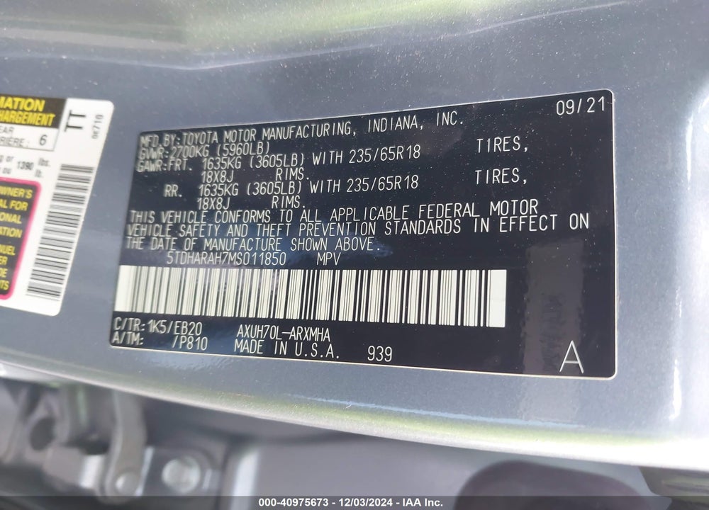 2021 TOYOTA HIGHLANDER HYBRID XLE VIN: 5TDHARAH7MS011850