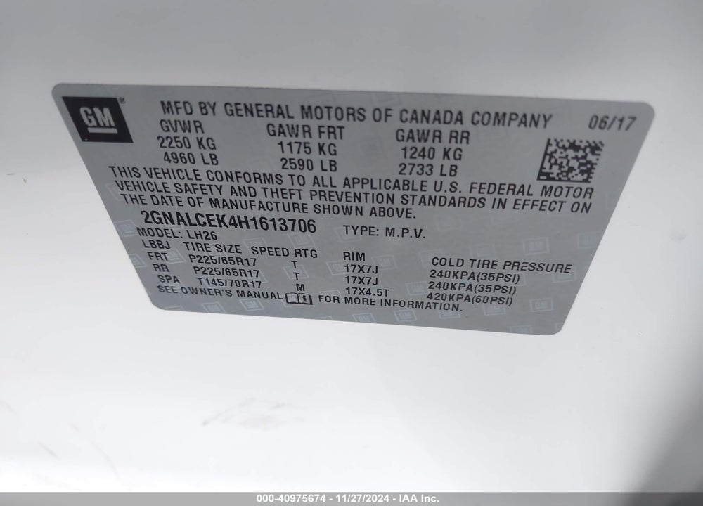 2017 CHEVROLET EQUINOX VIN: 2GNALCEK4H1613706