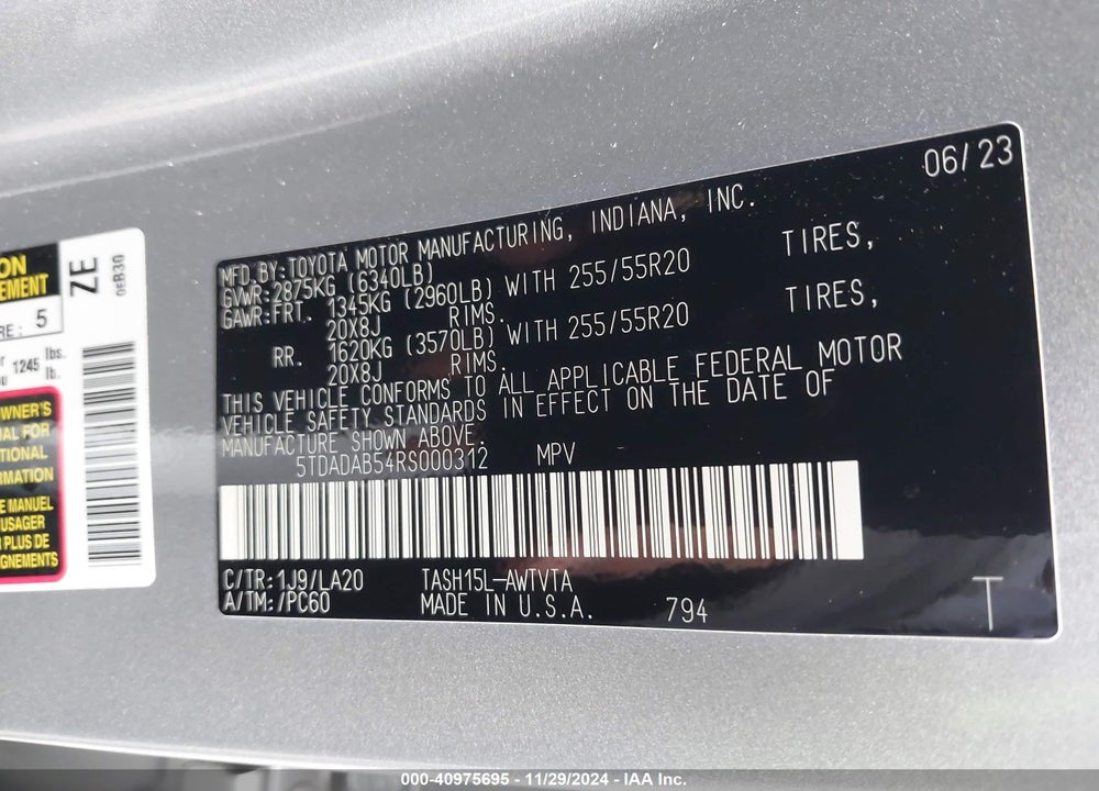 2024 TOYOTA GRAND HIGHLANDER HYBRID LIMITED MAX VIN: 5TDADAB54RS000312