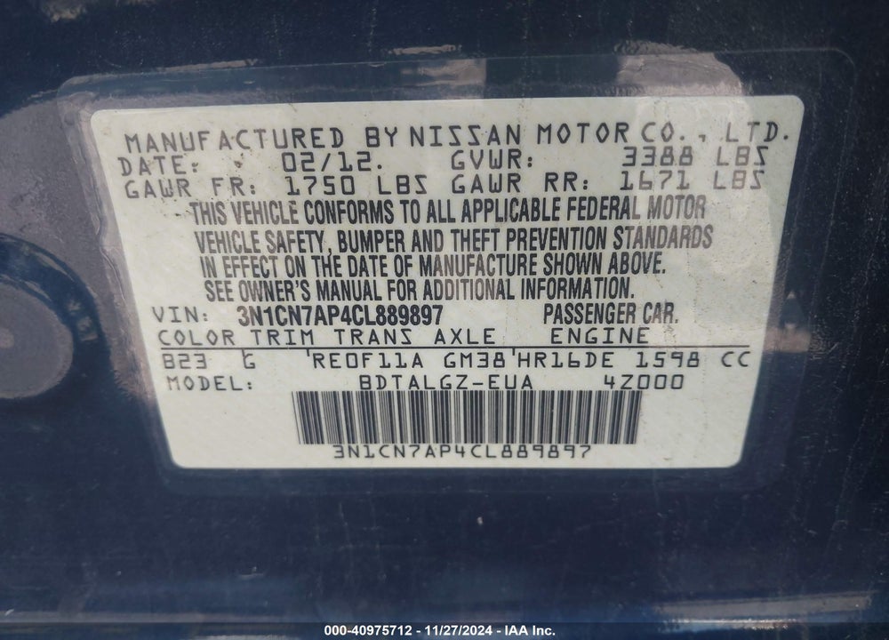 2012 NISSAN VERSA VIN: 3N1CN7AP4CL889897