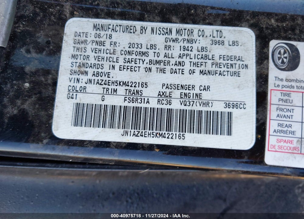 2019 NISSAN 370Z VIN: JN1AZ4EH5KM422165