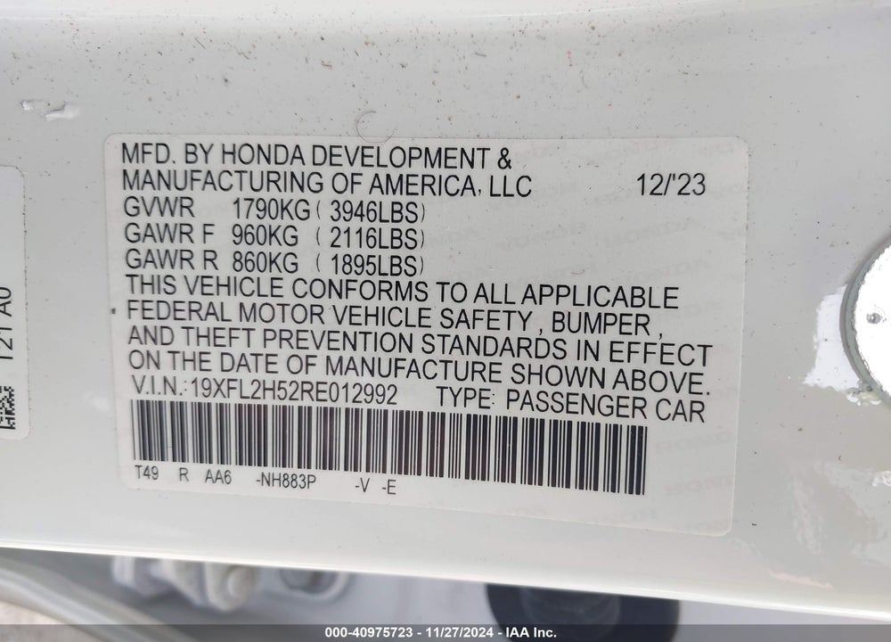 2024 HONDA CIVIC VIN: 19XFL2H52RE012992