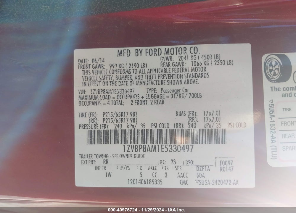 2014 FORD MUSTANG V6 VIN: 1ZVBP8AM1E5330497