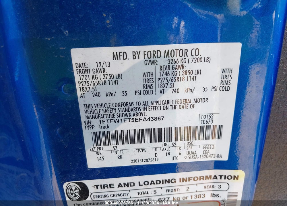 2014 FORD F-150 FX4 VIN: 1FTFW1ET5EFA43867