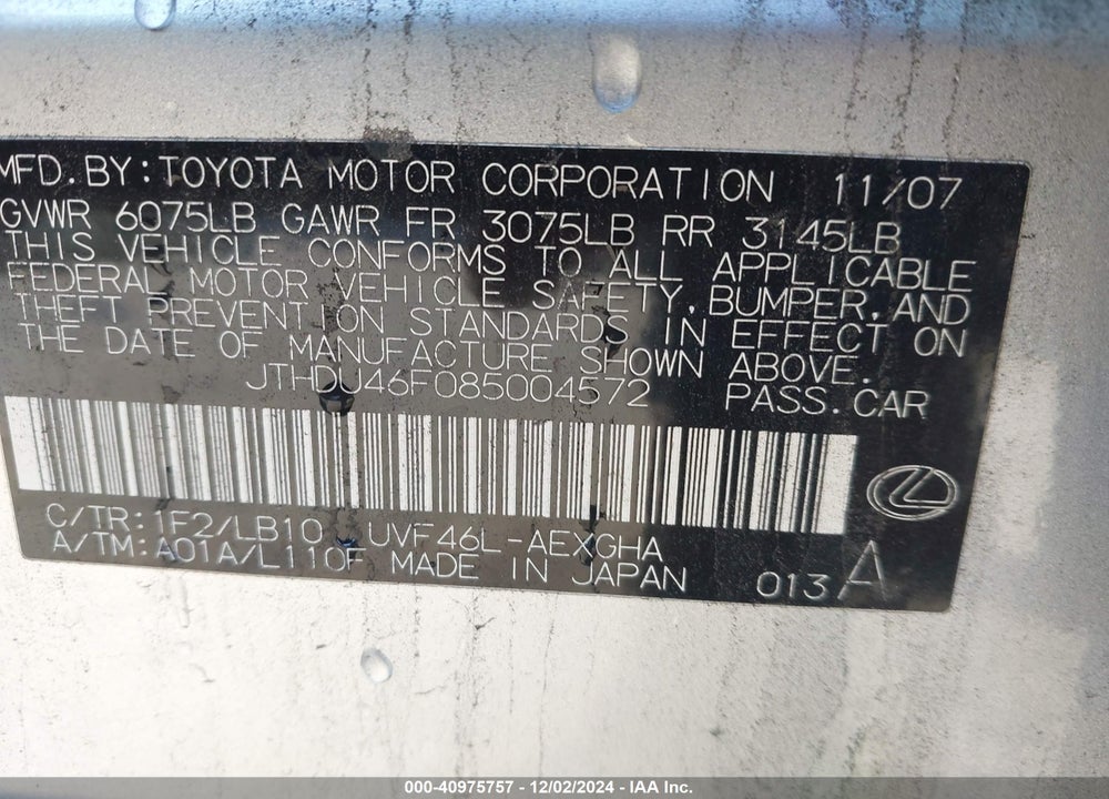 2008 LEXUS LS VIN: JTHDU46F085004572
