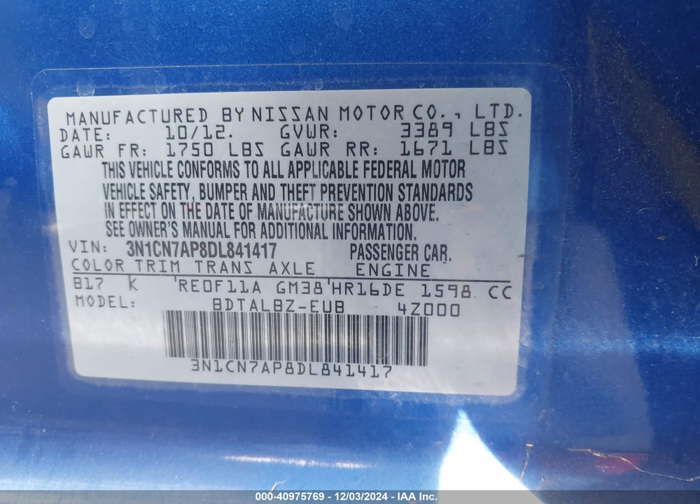 2013 NISSAN VERSA 1.6 SV VIN: 3N1CN7AP8DL841417