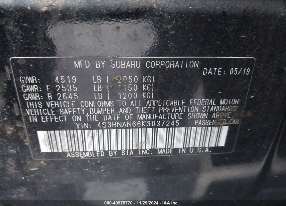 2019 SUBARU LEGACY 2.5I LIMITED VIN: 4S3BNAN66K3037245