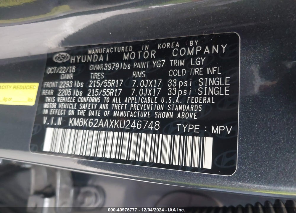 2019 HYUNDAI KONA SEL VIN: KM8K62AAXKU246748