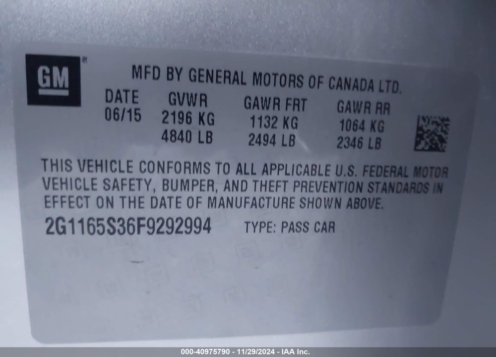 2015 CHEVROLET IMPALA 2LZ VIN: 2G1165S36F9292994