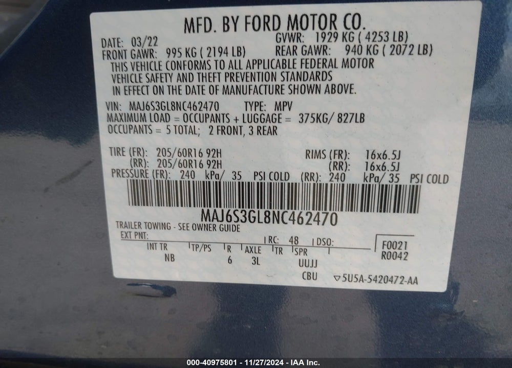 2022 FORD ECOSPORT SE VIN: MAJ6S3GL8NC462470