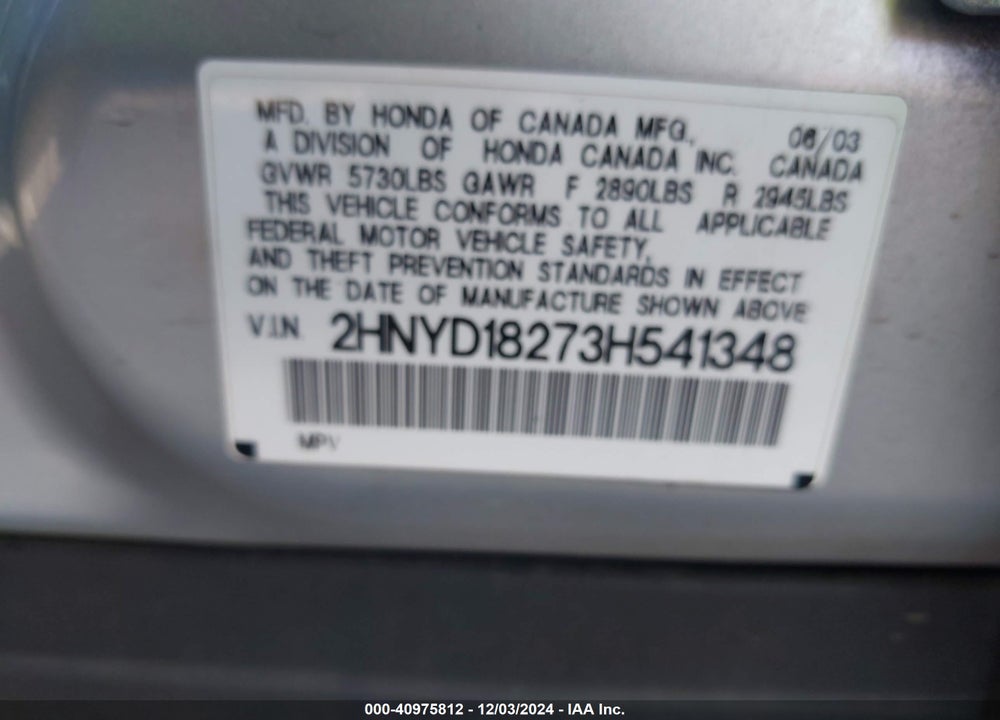 2003 ACURA MDX VIN: 2HNYD18273H541348