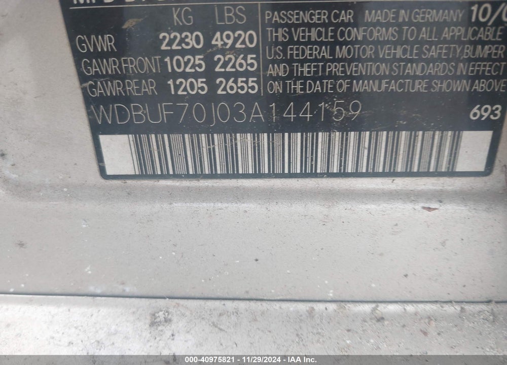 2003 MERCEDES-BENZ E 500 VIN: WDBUF70J03A144159