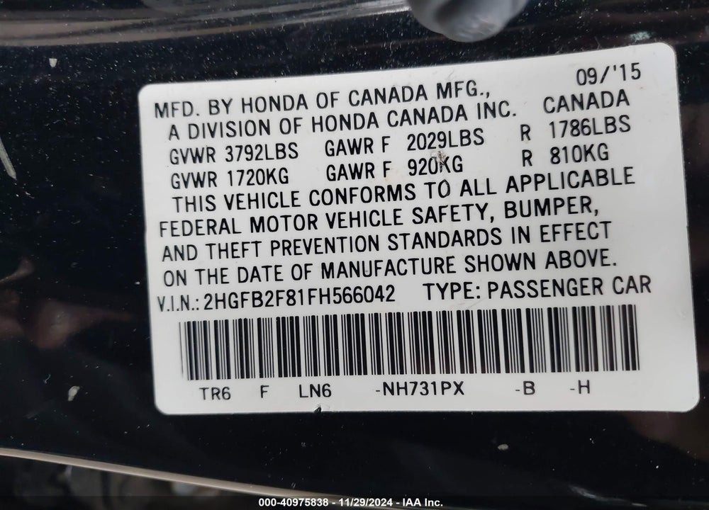 2015 HONDA CIVIC EX VIN: 2HGFB2F81FH566042