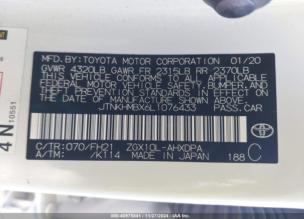 2020 TOYOTA C-HR LE VIN: JTNKHMBX6L1076433