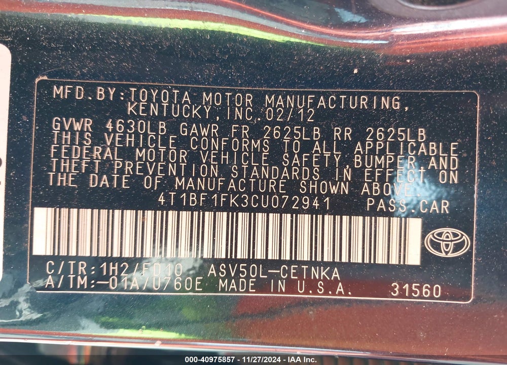 2012 TOYOTA CAMRY LE VIN: 4T1BF1FK3CU072941