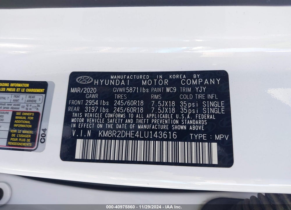 2020 HYUNDAI PALISADE SEL VIN: KM8R2DHE4LU143616