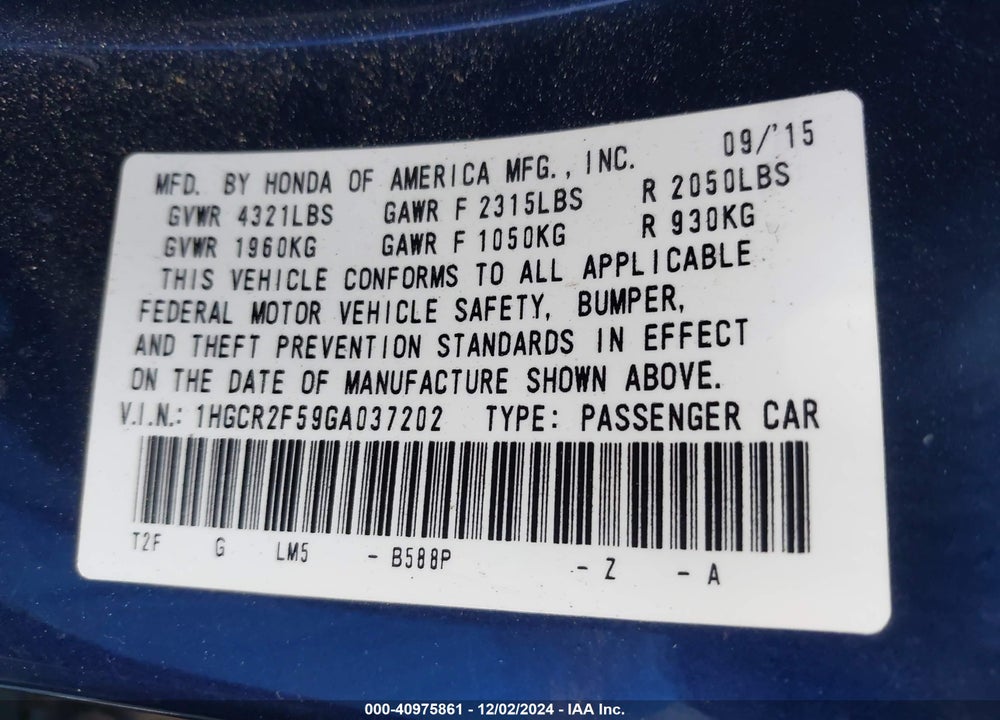 2016 HONDA ACCORD SPORT VIN: 1HGCR2F59GA037202