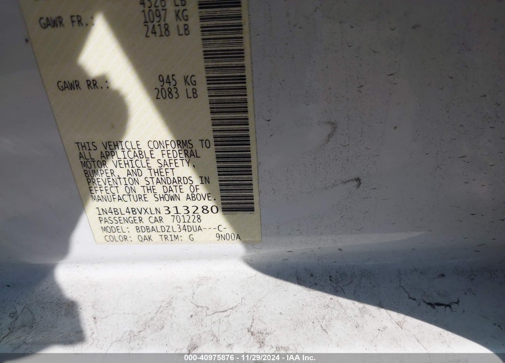 2020 NISSAN ALTIMA S FWD VIN: 1N4BL4BVXLN313280