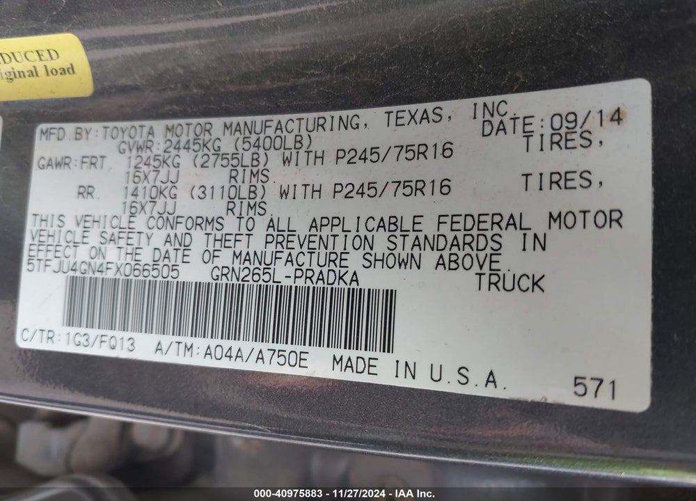 2015 TOYOTA TACOMA VIN: 5TFJU4GN4FX066505