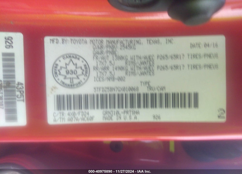 2016 TOYOTA TACOMA SR5 VIN: 5TFDZ5BN7GX010068