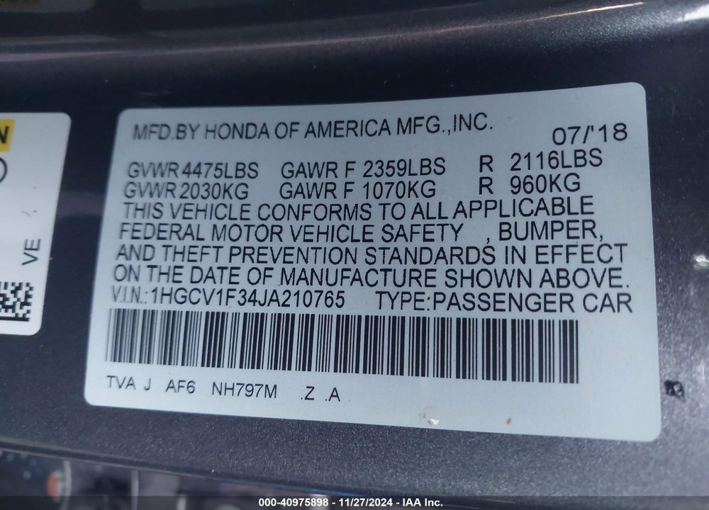 2018 HONDA ACCORD SPORT VIN: 1HGCV1F34JA210765