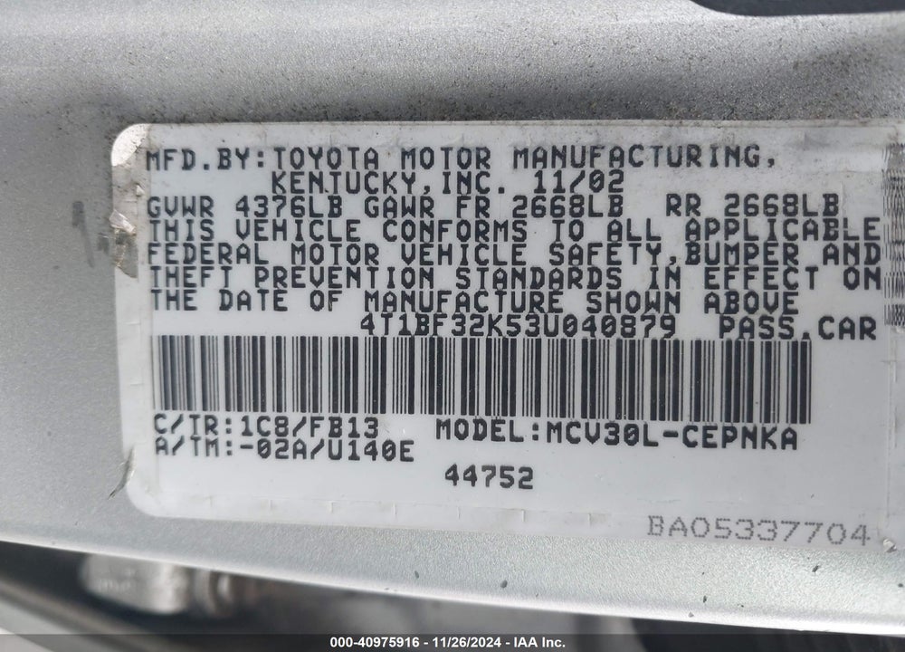 2003 TOYOTA CAMRY LE V6 VIN: 4T1BF32K53U040879