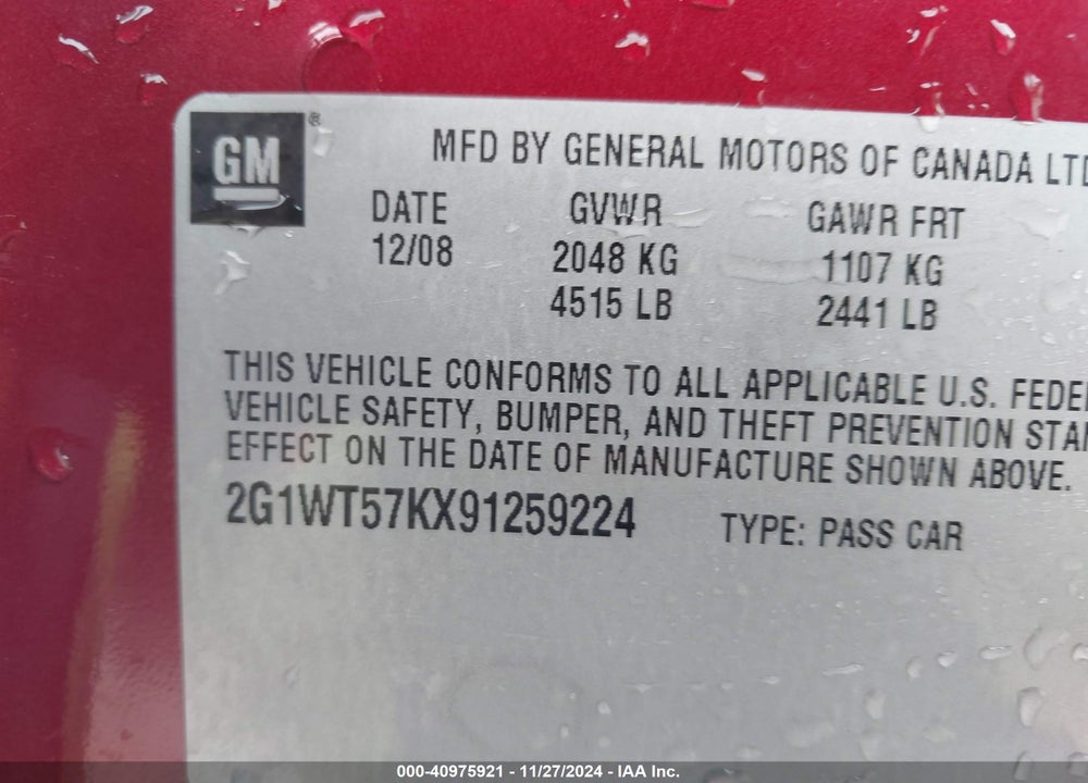2009 CHEVROLET IMPALA VIN: 2G1WT57KX91259224