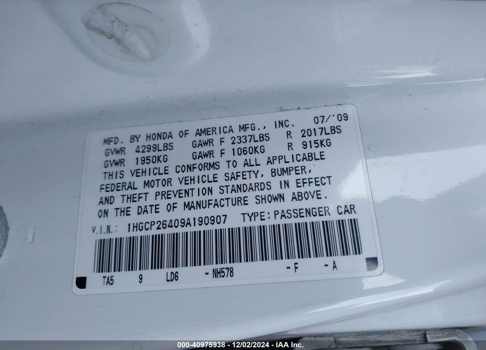 2009 HONDA ACCORD 2.4 LX-P VIN: 1HGCP26409A190907