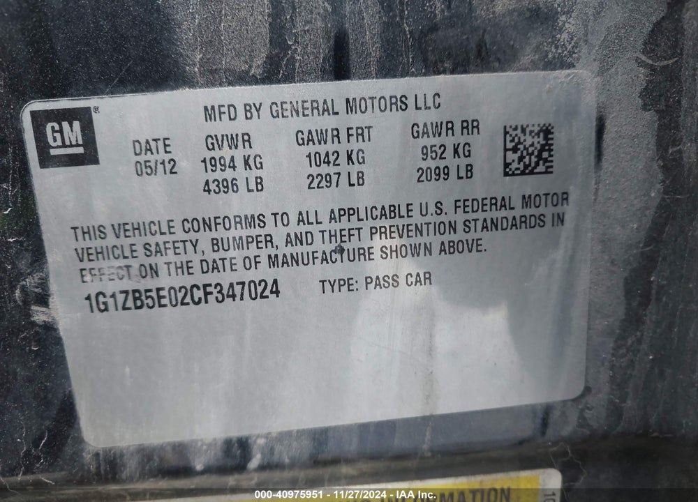 2012 CHEVROLET MALIBU LS VIN: 1G1ZB5E02CF347024