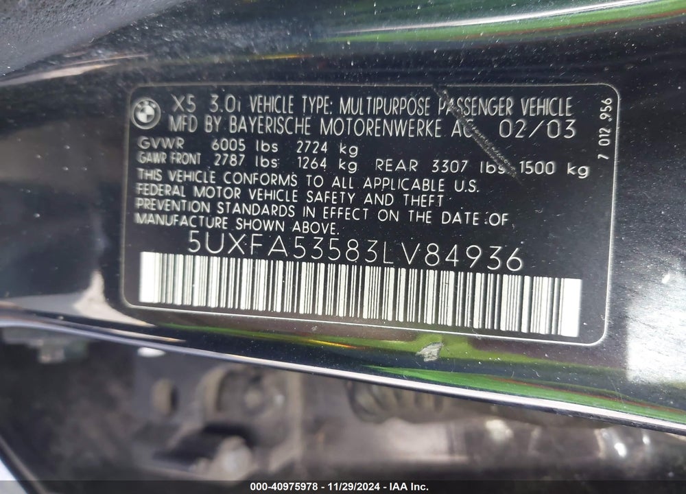 2003 BMW X5 3.0I VIN: 5UXFA53583LV84936
