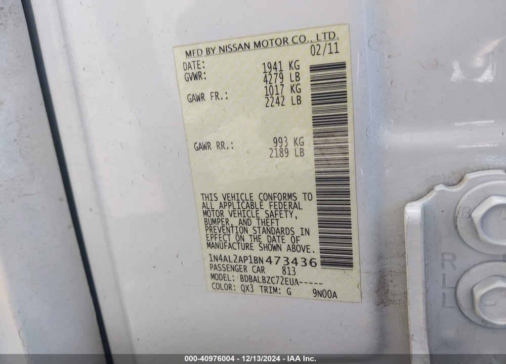 2011 NISSAN ALTIMA 2.5 S VIN: 1N4AL2AP1BN473436