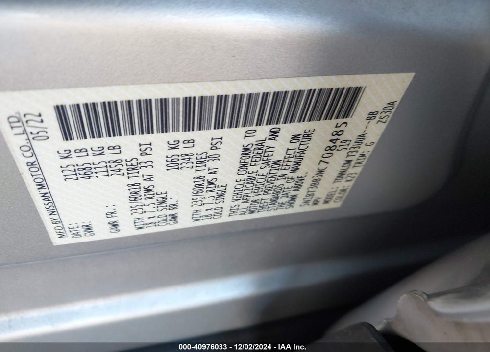 2022 NISSAN ROGUE VIN: 5N1BT3BB3NC708485