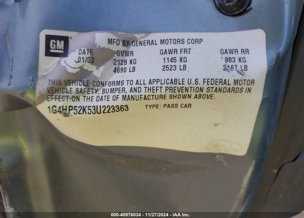 2003 BUICK LESABRE CUSTOM VIN: 1G4HP52K53U223363