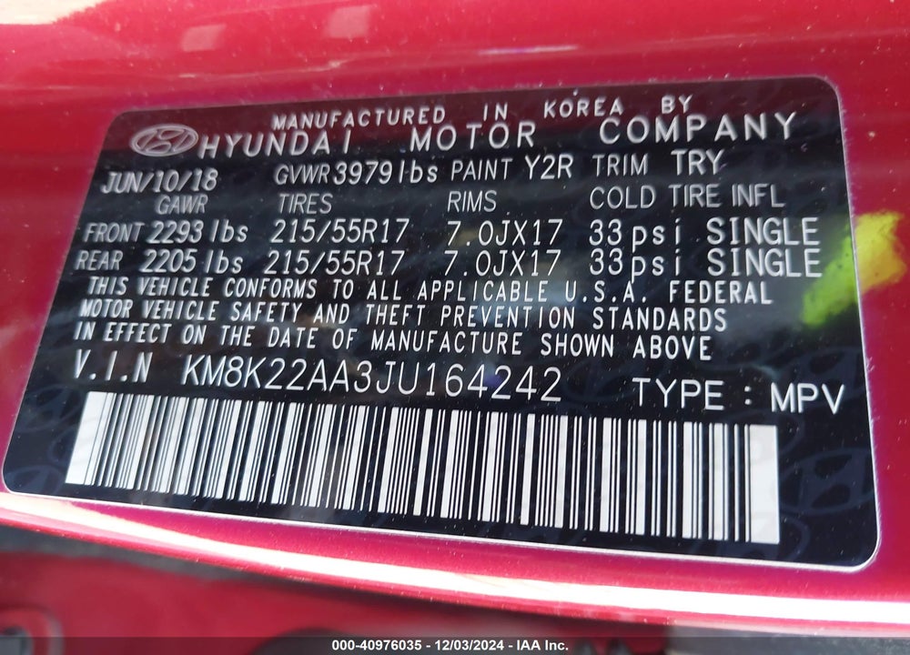 2018 HYUNDAI KONA SEL VIN: KM8K22AA3JU164242
