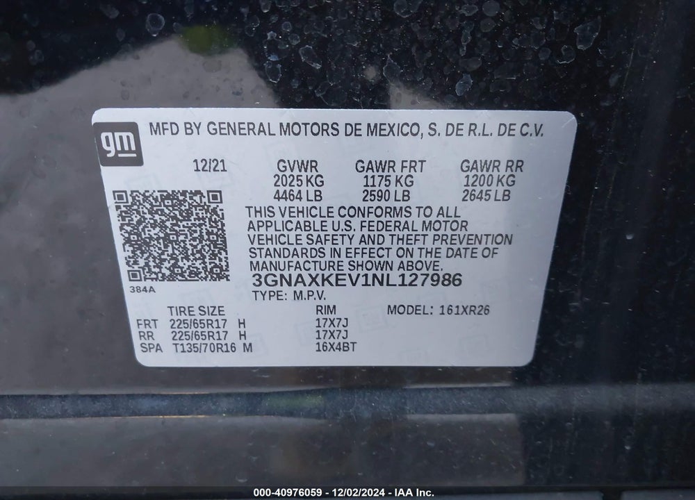 2022 CHEVROLET EQUINOX FWD LT VIN: 3GNAXKEV1NL127986