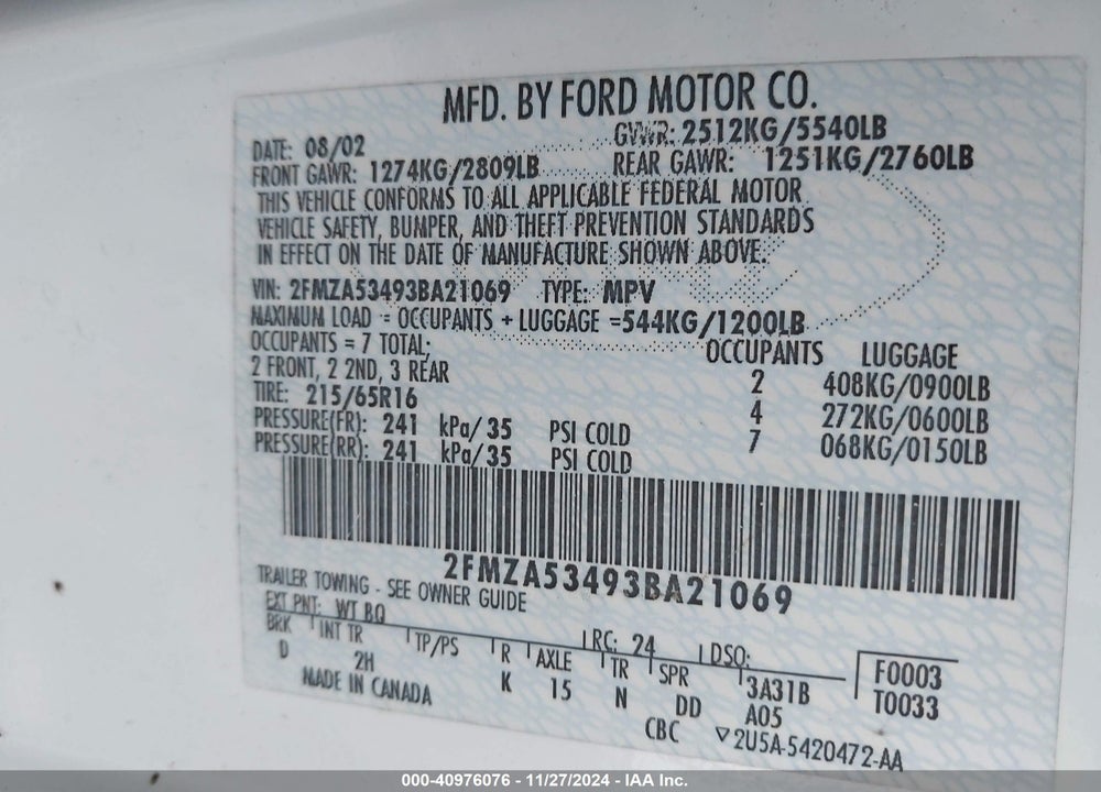 2003 FORD WINDSTAR SEL VIN: 2FMZA53493BA21069