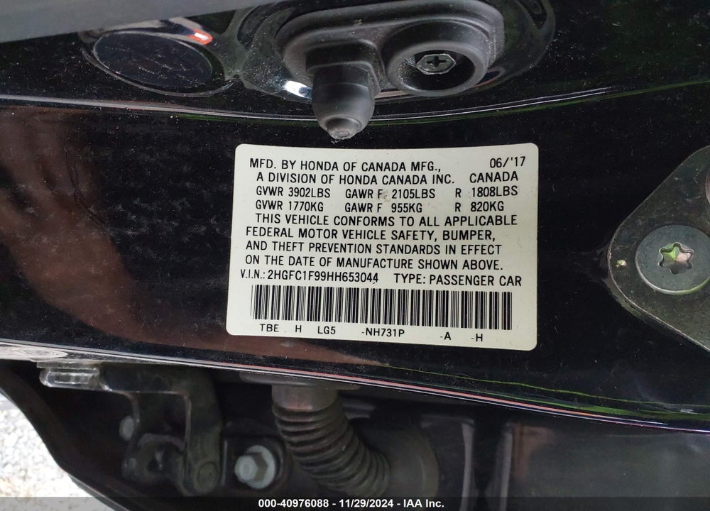 2017 HONDA CIVIC TOURING VIN: 2HGFC1F99HH653044