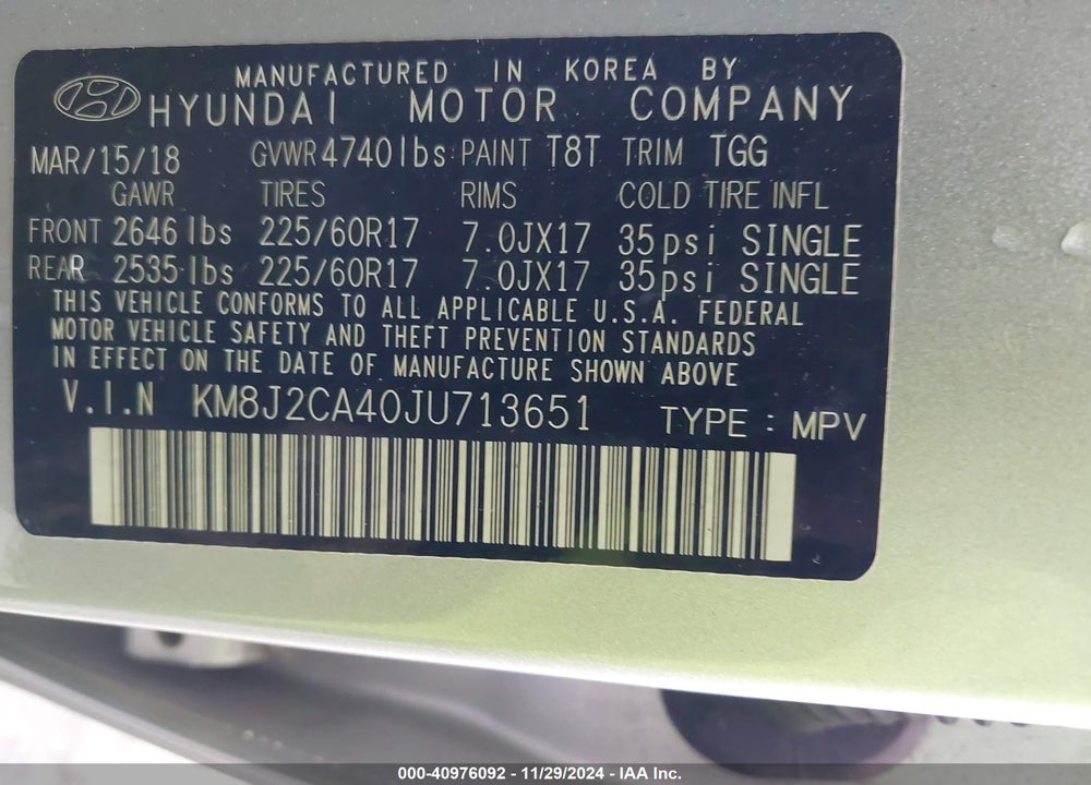 2018 HYUNDAI TUCSON SE VIN: KM8J2CA40JU713651